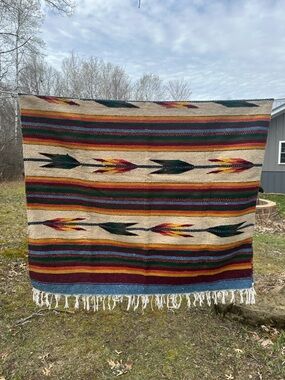 Vintage Southwestern Serape Blanket Throw Arrow Pattern Rustic Fringe Woven